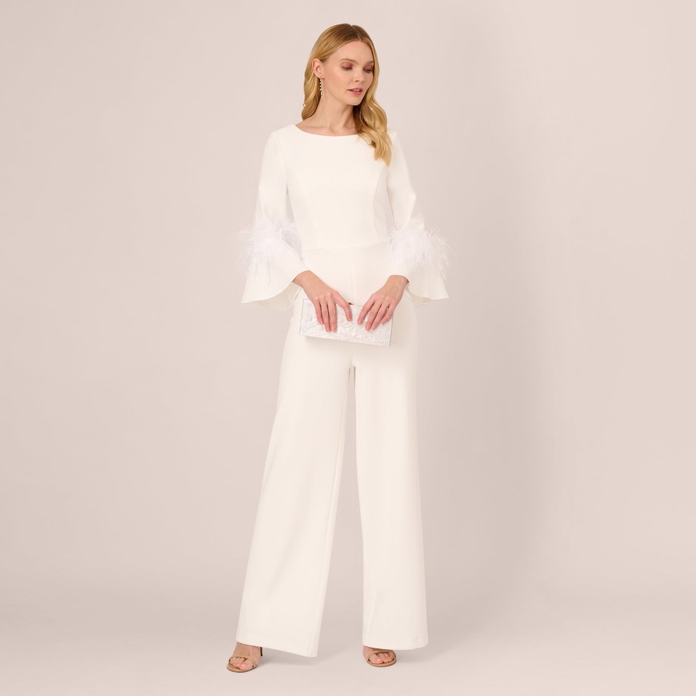 Adrianna Papell white Stretch Jumpsuit With Feather Trim Bell Sleeves In Ivory S